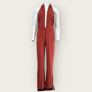 NWT | Krisa | Plunge Halter Flare Jumpsuit | Burnt Orange | Large